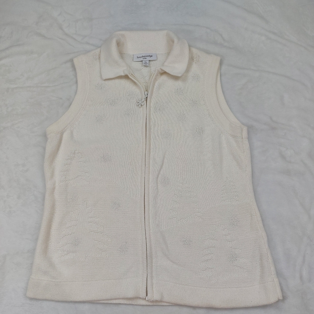 BRECKENRIDGE PETITE CREAM HOLIDAY ZIP FRONT SWEATER VEST SLEEVELESS CARDIGAN PM